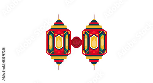 Two ornate Islamic lanterns with intricate geometric patterns and vibrant colors on white background.