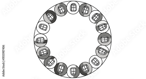 Circular arrangement of window icons in gray scale, representing choices and options