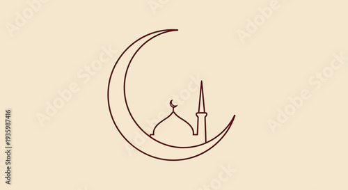 Islamic crescent moon with mosque silhouette, minimalist design, religious symbol