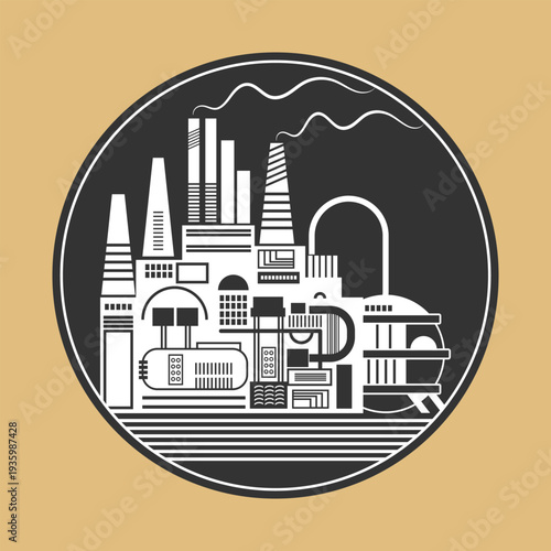 A round black and white logo with a stylized industrial plant or factory. Icon, emblem. Vector illustration