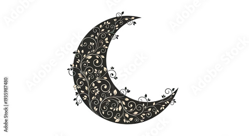 Ornate Crescent Moon with Floral Pattern