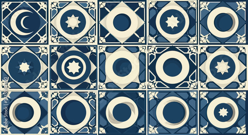 Traditional Moroccan Tiles with Moon and Star Patterns, Islamic Geometric Design