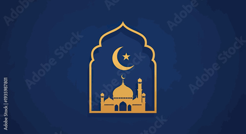 Islamic Mosque Silhouette with Crescent Moon and Star on Blue Background