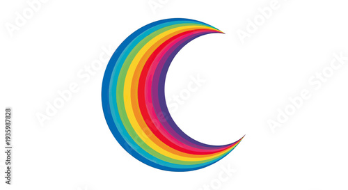 Rainbow crescent moon graphic illustration, abstract design, white background, vibrant colors