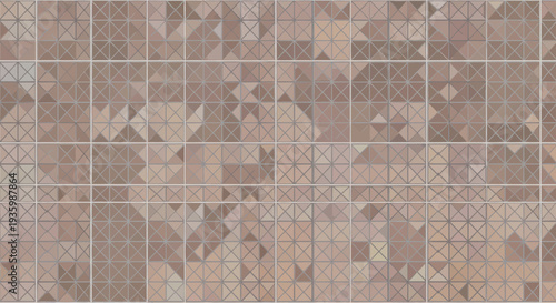 Geometric mosaic pattern with triangles and squares in beige and brown hues.