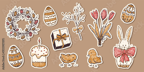 Cute Easter bunny and chick sticker set in crayon chalk style