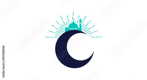 Islamic crescent moon and mosque silhouette with radiant light on white background