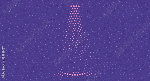 Abstract glowing cone shape formed by small dots and particles on a dark blue speckled background representing a spotlight effect or digital data visualization with a subtle gradient and futuristic
