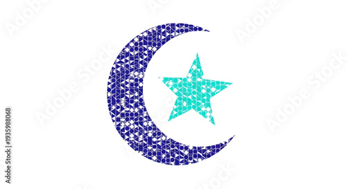 Islamic Crescent Moon and Star Symbol, Mosaic Pattern, Blue and Teal
