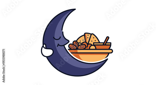 Ramadan Crescent Moon with Iftar Food Bowl