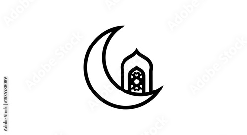 Islamic crescent moon and mosque icon silhouette on white background