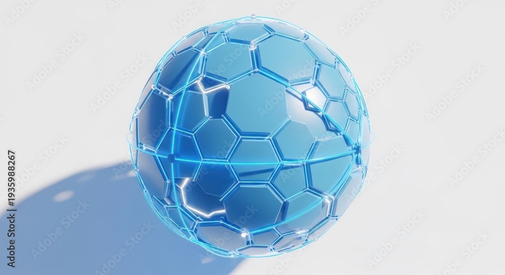 Naklejka premium Abstract blue sphere made of hexagons with light lines on a white background