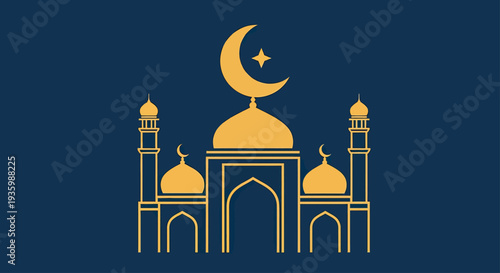 Golden Mosque Silhouette with Crescent Moon and Star on Deep Blue Background