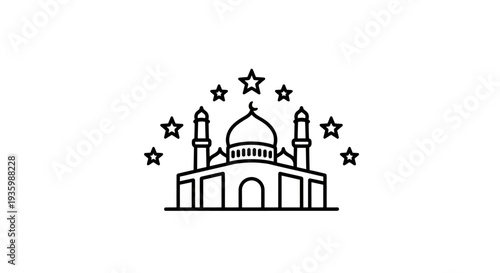 Islamic mosque building with stars, minimal line art icon
