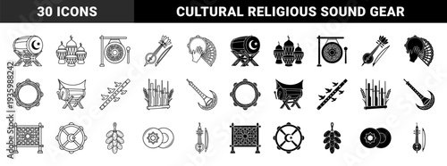 Islamic musical instrument hybrid collection featuring traditional bedug drum rebana and gambus with crescent moon and star religious ornament