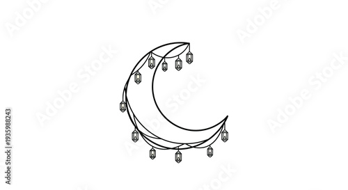 Crescent moon with hanging lanterns, Ramadan, Eid, Islamic holiday, night sky