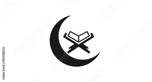 Islamic Crescent Moon Symbol with Open Quran Book Icon