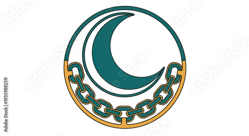 Crescent moon symbol with chain in circle, Islamic cultural icon