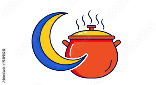 Ramadan Iftar Meal Cooking Pot with Crescent Moon Icon