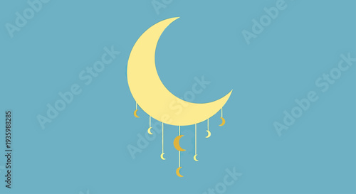 Yellow crescent moon with hanging smaller moons on blue background, whimsical celestial design.