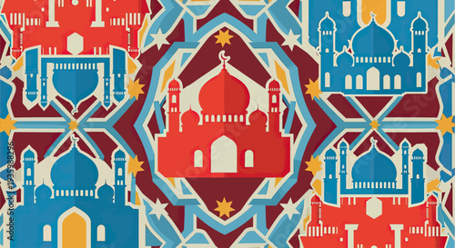 Ramadan Kareem Islamic pattern with mosque illustrations in red and blue.