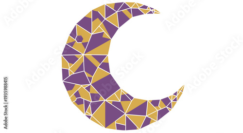 Crescent moon mosaic abstract geometric pattern with gold and purple triangles