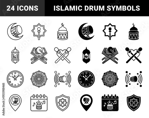 Traditional Islamic Bedug Drum Hybrid Symbols Merged with Crescent Moon Lantern Clock Calendar and Infinity Sign for Ramadan Celebration