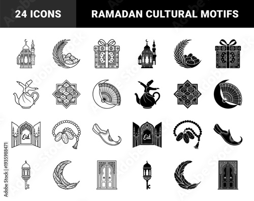 Islamic heritage symbol collection featuring hybrid motifs merging mosque architecture with crescent moon and traditional ramadan lantern elements