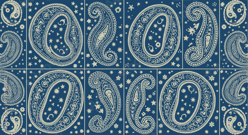Seamless Paisley Pattern on Blue Background with Stars