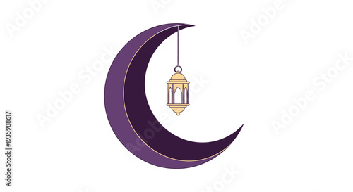 Ramadan lantern hanging on a crescent moon, Islamic symbol, purple and gold