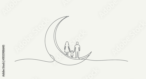 Family silhouette on crescent moon, dreamlike, minimalist line art