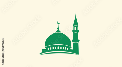 Green Mosque Silhouette with Minaret and Dome on Beige Background
