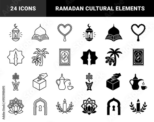 Islamic Cultural Hybrid Symbols Featuring Ramadan Lantern With Crescent Moon Mosque Dome Open Book And Prayer Beads Heart In Outline And Solid Styles
