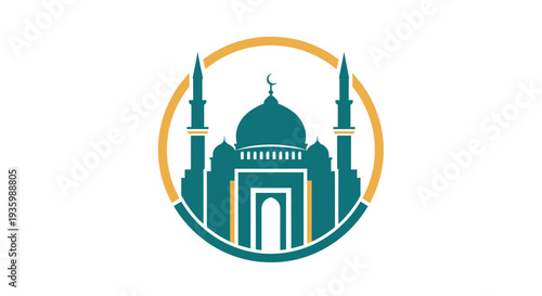 Islamic Mosque Icon with Crescent Moon and Minarets in Circle