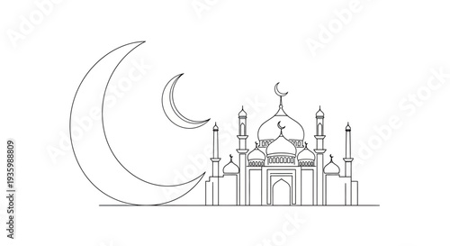 Ramadan Crescent Moon and Mosque Line Art Illustration