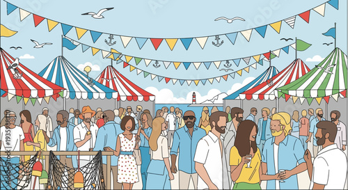 Diverse crowd enjoying a vibrant outdoor market festival.