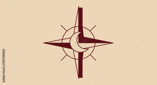 Celestial Compass Rose with Crescent Moon Symbol