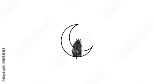 Minimalist crescent moon and pine branch logo design, simple line art, nature symbol
