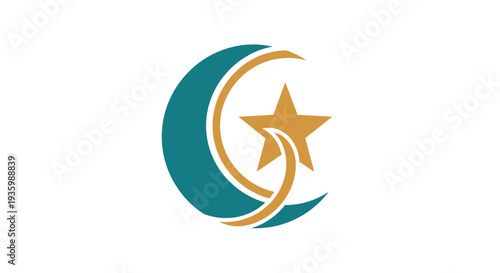 Islamic Crescent Moon and Star Symbol, Teal and Gold Abstract Design