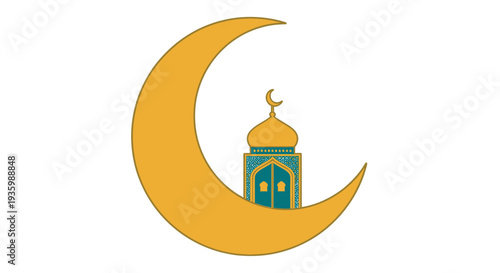 Golden Crescent Moon with Islamic Mosque Silhouette