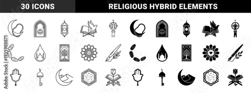 Islamic spiritual hybrid icons merging traditional crescent and prayer beads with architectural minarets and sacred geometry in line and solid styles