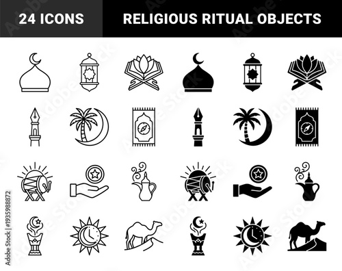 Islamic religious symbols featuring hybrid dual line and solid fill designs with crescent moon mosque domes lanterns and prayer rugs