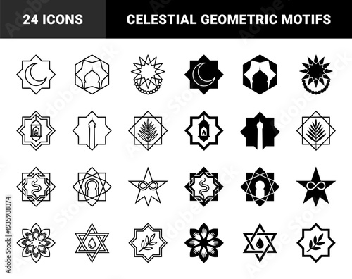 Geometric star and polygon frames merging middle eastern spiritual symbols with celestial elements featuring moon lantern mosque and floral motifs