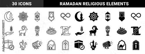 Islamic Cultural Symbols and Ramadan Religious Elements Featuring Hybrid Designs with Geometric Patterns Crescent Moon Mosque and Traditional Arabic Decor