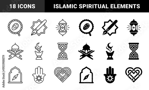 Islamic spiritual symbols and ramadan ritual elements featuring prayer beads with dates quran book on stand and crescent moon incense burner