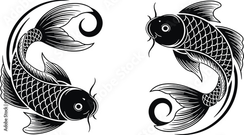 Black and white koi fish illustration in yin yang circular composition, detailed line art vector tattoo style design with ornamental scales and flowing fins