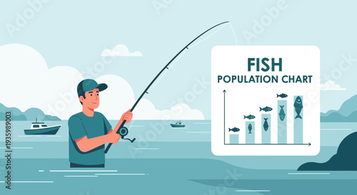 Fisherman casting line in water with fish population chart.