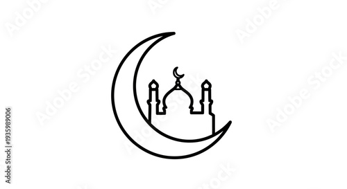 Islamic Crescent Moon with Mosque Icon - Black and White Line Art