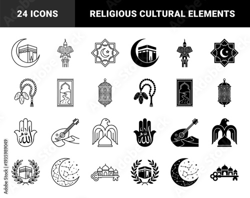 Islamic heritage icons featuring hybrid crescent kaaba symbols prayer rug with minaret and hamsa hand with calligraphy in dual line and solid style