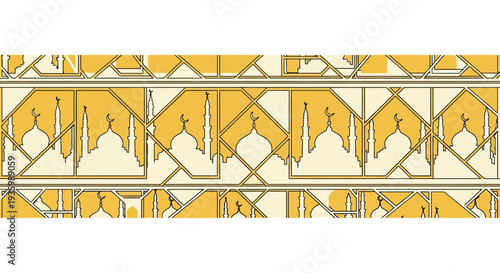 Islamic Geometric Pattern with Mosque Silhouettes - Yellow and Cream